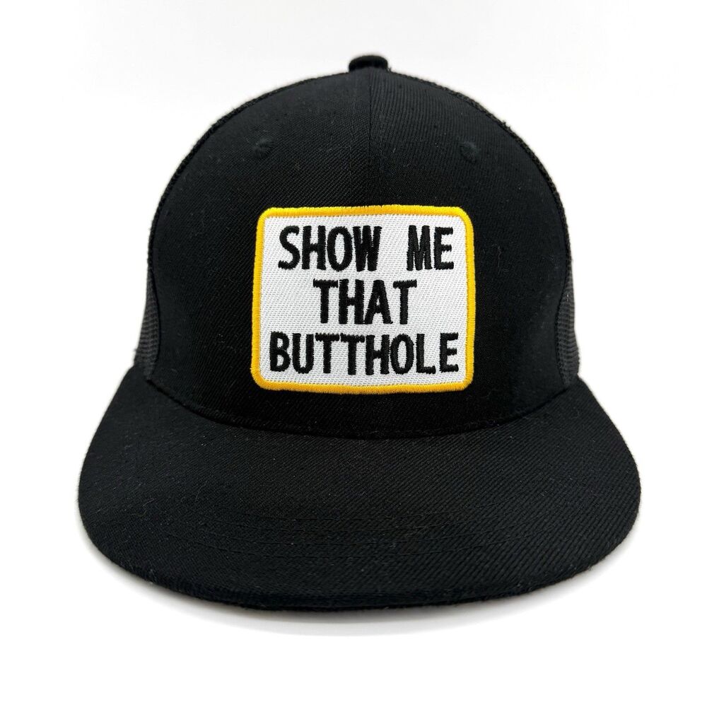 Funny Slogan Trucker Hat “Show Me That Butthole” Black Mesh Snapback‎ Cap - Picture 2 of 6